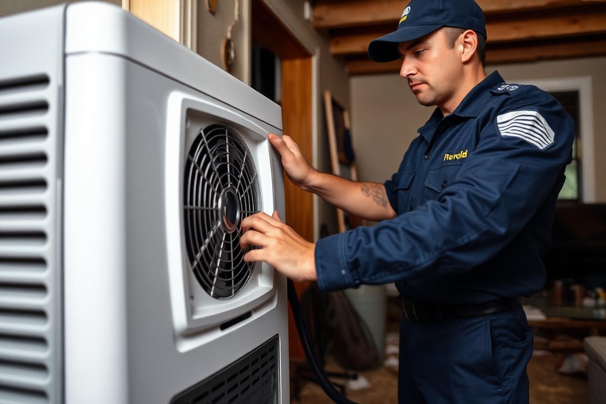 Restoration technician setting up drying equipment